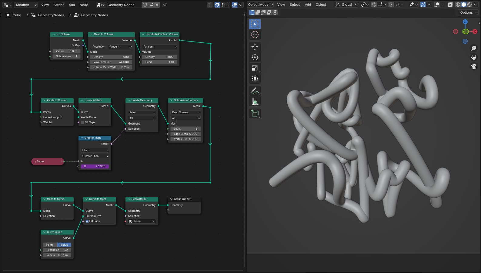 Tela do prrograma Blender 3d, no lado esquerdo um esquema de nós que são pequenas caixas com entradas e saídas conectadas umas as outras e a direita o resultado do código, um emaranhado de linhas curvas em 3D.