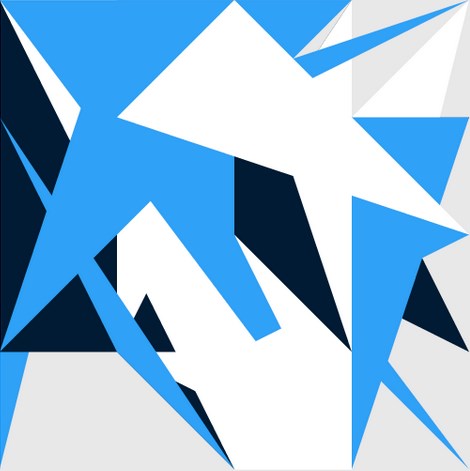 3 formas abstratas são desenhadas conectando alguns pontos de uma malha de 5 por 5. Cada uma dessas formas são preenchidas com uma cor: azul escuro, azul claro e branco.