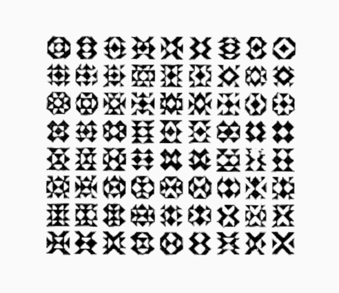 Uma serie de desenhos feitos a partir de triângulos rotacionados organizados em 9 colunas e 8 linhas. Os desenhos tem individuais tem a mesma altura e largura e os triangulas que os compões são organizados de maneira simétrica, o que aparece do lado esquerdo aparece do lado direito e o que aparece em cima, aparece em baixo, porém sempre refletido.