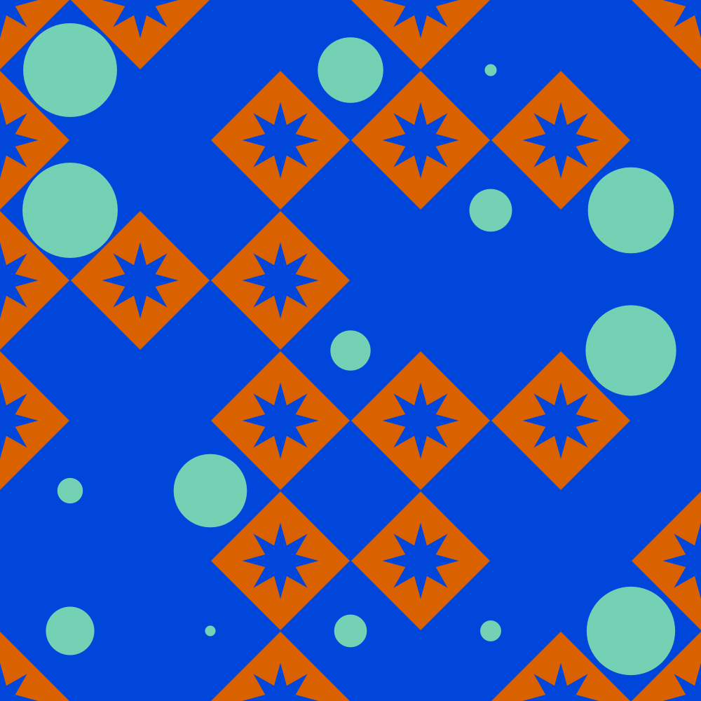 Losangos, círculos e estrelas nas cores laranja, verde e azul respectivamente sobre um fundo azul aparecem intercalados de maneira aleatória.