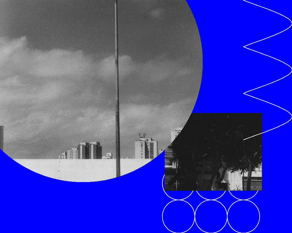 Animação com várias composições abstratas aparecendo em sequência. As composições são feitas com pedaços de fotografias e elementos lineares geométricos. O fundo da cada composição varia entre azul, preto e vermelho.