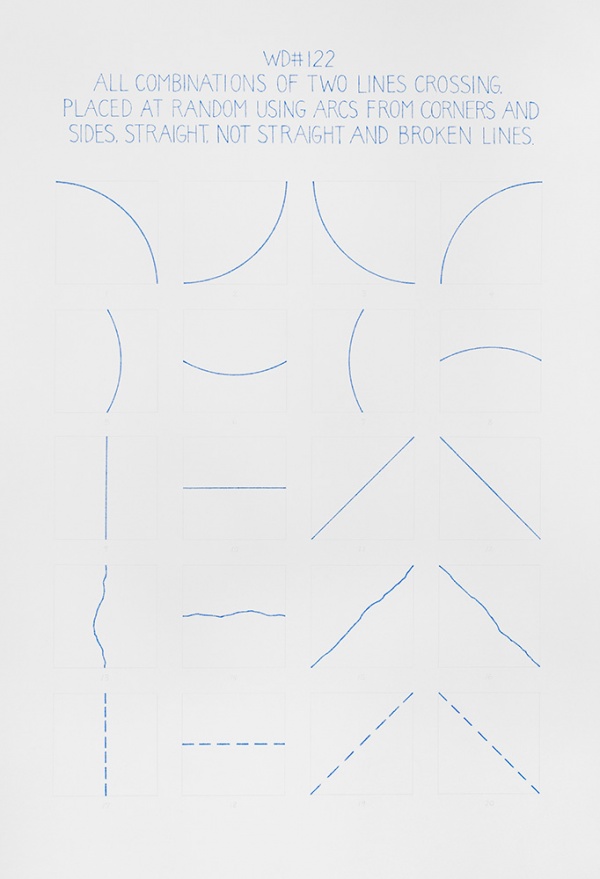 Módulos do WALL DRAWING 122, o texto azul em cima da folha com descrição dos módulos e abaixo uma série de módulos também desenhados em azul.
