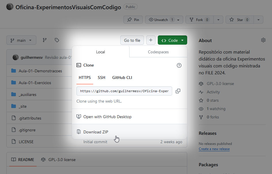 Captura de tela do repositório do Github do projeto com o botão verde de baixar o repositório destacado.